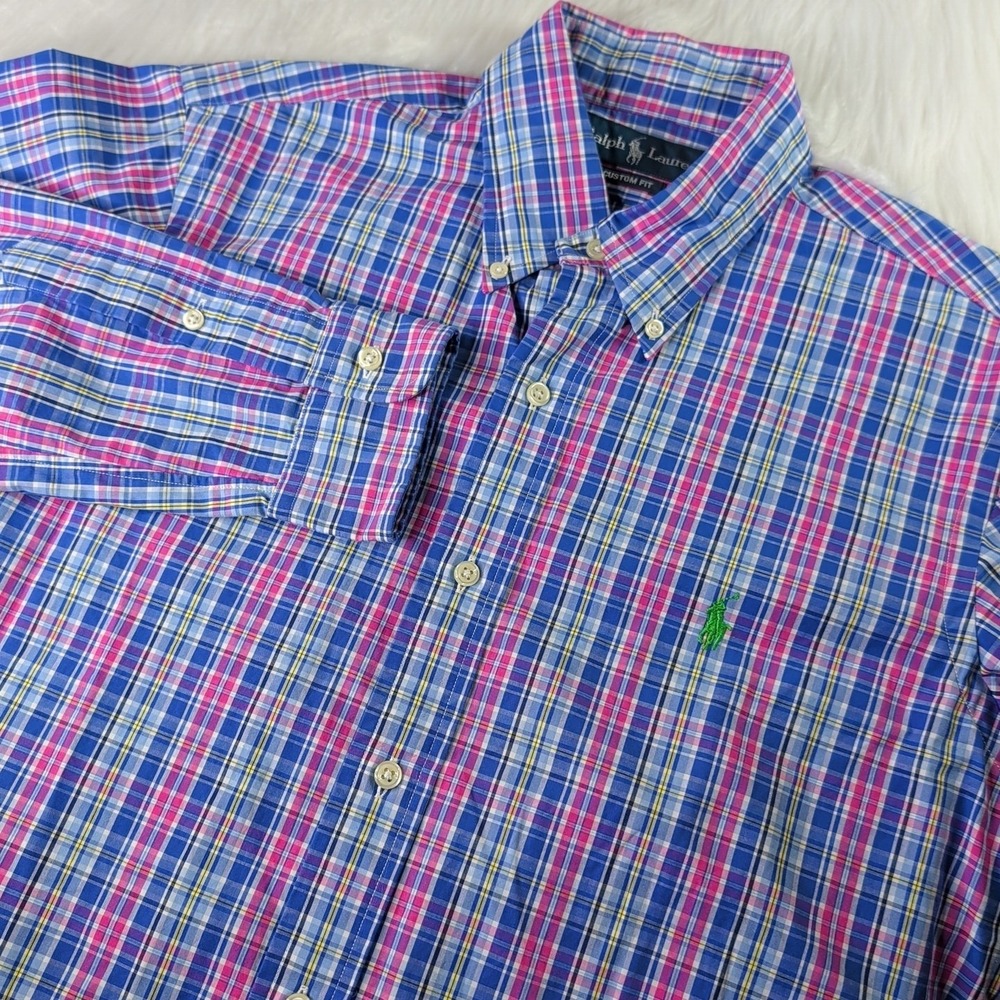Ralph Lauren Men Medium Plaid Long Sleeve Shirt Button Up Custom Fit 100% Cotton